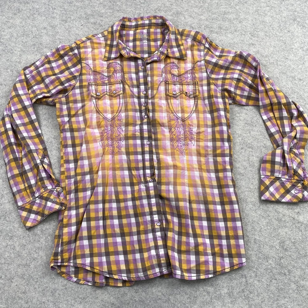 Rock 47 By Wrangler Button Up Shirt Womens L Plaid Western Embroidered Top